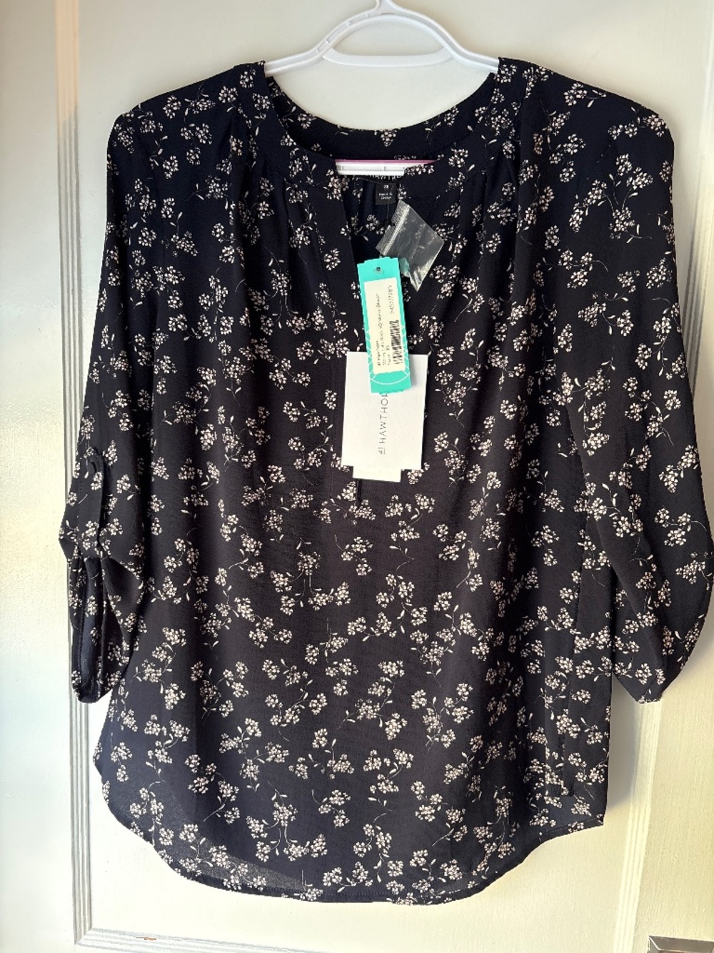 41 Hawthorn Morey Split Neck 3Q Sleeve Blouse, Floral Navy, Sz XS, NWT